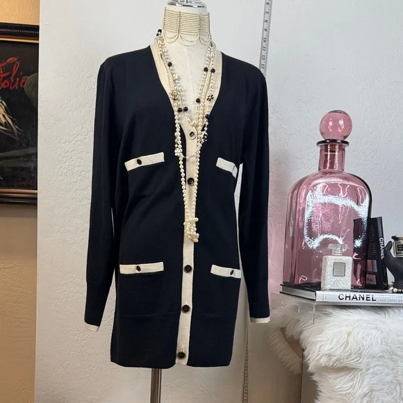 NWOT J.Crew Long Merino Wool Cardigan - Black & Ivory - Size M - Picture 1 of 11
